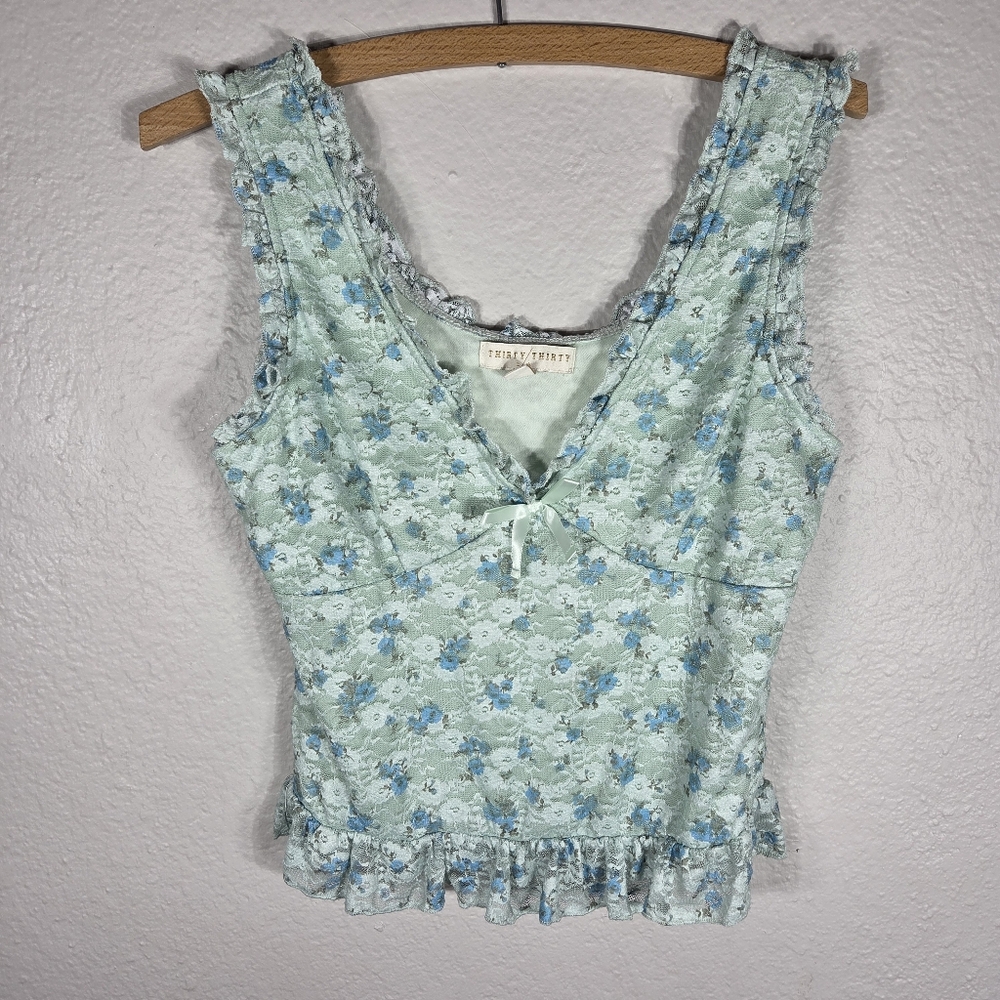 Y2K Thirty Thirty Womens‎ Sz L Floral Mint Green Babydoll Blouse Floral Lace